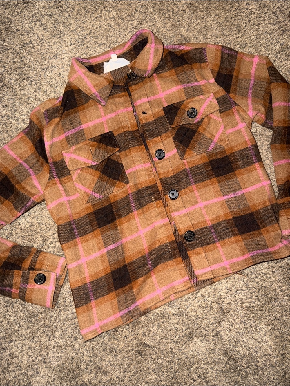 Steve Madden BB Dakota Plaid Button-Up Shirt Jacket in Brown & Pink